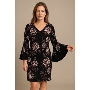 MSK Bell Sleeve V Neck Dress White and Black Medium